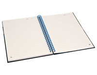 A spiral-bound A5 notebook with a blue coil and blank white pages. It has a black cover and includes a logo.