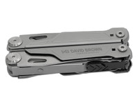 A grey multi-tool with various attachments, featuring a logo on its side. Compact design for easy portability.