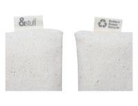A cream-coloured pouch made of textured material, featuring tags with logos on either side.