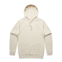 A cream-coloured hoodie with a front pocket and a drawstring hood. It features a logo on the front.
