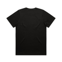A black T-shirt featuring a smooth back design, with short sleeves and a classic fit. It has a logo.