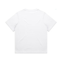 A plain white t-shirt with short sleeves, featuring a logo on the back.