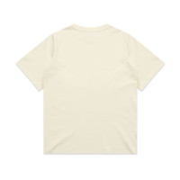A cream-coloured T-shirt featuring a smooth back surface and a simple design, with a logo present.