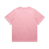 A plain pink T-shirt with a round neck and short sleeves. It features a logo on the back.