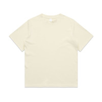 A plain cream-coloured T-shirt with short sleeves and a crew neck. It features a logo on the inside label.