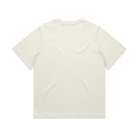 A cream-coloured t-shirt featuring short sleeves and a plain back design. It has a branding logo.