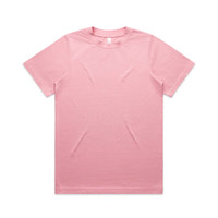 A pink T-shirt with short sleeves and a crew neckline, featuring a simple design and a branding logo.