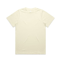 A pale yellow T-shirt with short sleeves, featuring a simple design and a logo on the label.