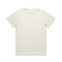 A plain, cream-coloured T-shirt with a round neck and short sleeves. It features a logo on the label.