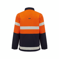 Back view of HiVis drill jacket in orange with the bottom half in navy. End of sleeve also in navy. Hooped tape around the chest, waist and upper arms.