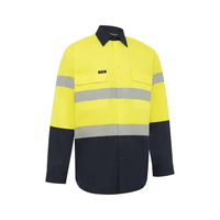 Hi Vis work shirt in yellow and navy with reflective tape hooped around the chest, the waist and the upper arms