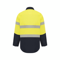 Back view of a Hi Vis work shirt in yellow and navy with reflective tape hooped around the chest, the waist and the upper arms
