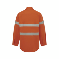 Back view of a Hi Vis work shirt in orange with reflective tape hooped around the chest, the waist and the upper arms