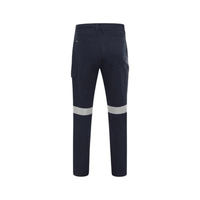 Back view of cargo work pants in navy with reflective tape hooped around the knee area