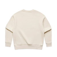 A beige jumper with a simple, relaxed design and a branding logo on the back.