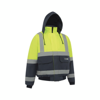 Two tone hi vis bomber jacket in yellow and navy with refelective tape over the shoulders, around the chest, the hip area, upper arm and lower arm and the hood lifted up