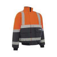 two tone hi vis bomber jacket in orange and navy with refelective tape over the shoulders, around the chest, the hip area, upper arm and lower arm