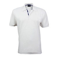 A white polo shirt featuring a collar and a branded logo on the neck area.
