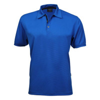 A vibrant blue polo shirt featuring a collar and a button placket, with a logo on the chest.