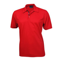 A red polo shirt with a classic collar and three-button placket, featuring a branding logo.