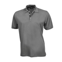 A grey polo shirt with a collar and three buttons, featuring a branding logo.