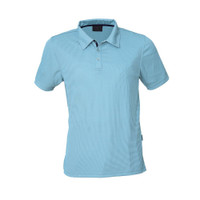 Light blue short-sleeve polo shirt with a collar and a branding logo. Features three buttons at the neck.