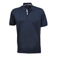 A dark navy polo shirt with a classic collar and buttoned placket. It features a logo on the chest.