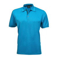 A turquoise polo shirt featuring a collar and a single button placket. It has a logo on the chest.