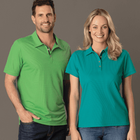 Two polo shirts stacked, one in dark gray and the other in bright blue, showcasing their collars and buttons.