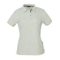 A latte ladies' polo shirt with a collar and three buttons, featuring a small logo.