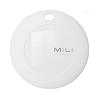A white circular tracking tag with a glossy finish and a small hole for attachment. It features a logo.