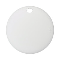 A round white tracking tag with a hole for attachment, featuring a branding logo on one side.
