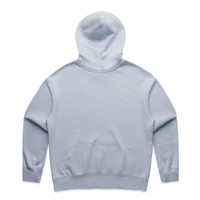 A light blue hoodie with a hood and ribbed cuffs. The back is plain and features a logo.