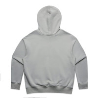 A light grey hoodie with a hood, featuring long sleeves and a simple design. It has a logo on the back.