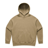 A beige hoodie with a front pocket and a large hood, featuring a logo on the front.