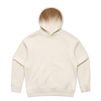 A cream hoodie featuring a kangaroo pocket and a hood. The design includes a logo.
