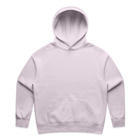A light purple hoodie with a front pocket and a spacious hood. It features a logo on the design.