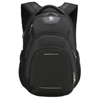 A black backpack with multiple compartments, padded straps, and a logo on the front.