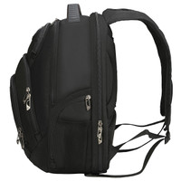 A black backpack with multiple zippers and compartments, featuring padded shoulder straps and a branding logo.