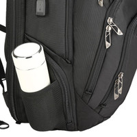 A black backpack with a white drink bottle in a side pocket, featuring multiple zipped compartments and a logo.