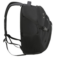 A black Swissdigital Stealth Vector Backpack with adjustable straps and multiple compartments, featuring a mesh side pocket.