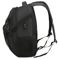 A black backpack with multiple compartments, featuring padded straps and a textured surface. It has a logo on the side.