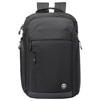A black backpack with multiple zippers and a logo, designed for style and functionality.