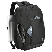 A black backpack with multiple compartments and a laptop sleeve, featuring a logo and various items tucked inside.