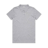 A grey polo shirt featuring a classic collar and button placket, with a branding logo.