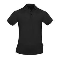 A black polo shirt featuring a collar, short sleeves, and a logo on the side.