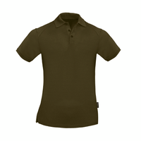 A dark green polo shirt with a collar and three buttons, featuring a logo on the side seam.
