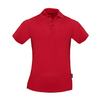 A red polo shirt with a classic collar and button placket, featuring a logo on the side.