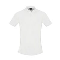 A white men's polo shirt with a collar and a logo on the chest.