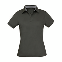 A dark grey polo shirt for ladies featuring a classic collar and short sleeves. It has a logo on the chest.